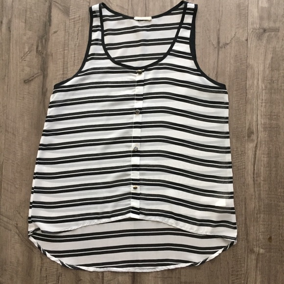 Everly Tops - Everly Black & White Striped Hi-Low Sheer Tank Top
